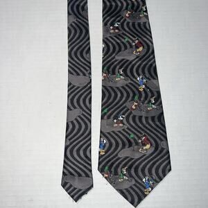 Vintage Disney Tie Mickey Mouse Donald Goofy Golfing Mens Black Grey Silk 90s